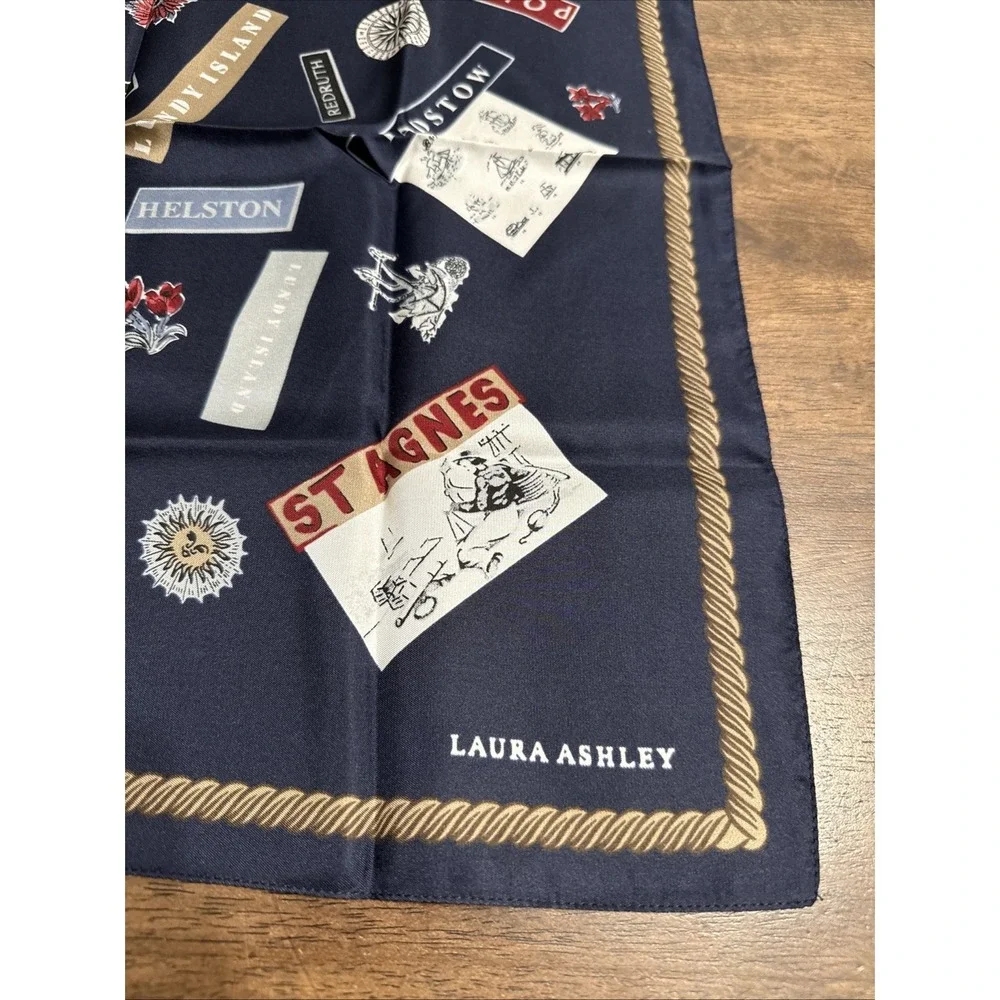 Laura Ashley Women's Silk Scarf Blue Postcard Travel Theme Cornwall‎ England